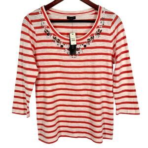 NEW NWT Talbots Medium Orange White Beaded Wearable Art Blouse Shirt Top Artsy